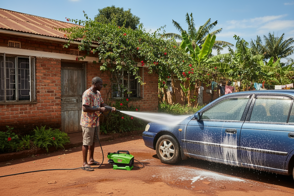 African man washing car outside East African home with BOSS pressure washer