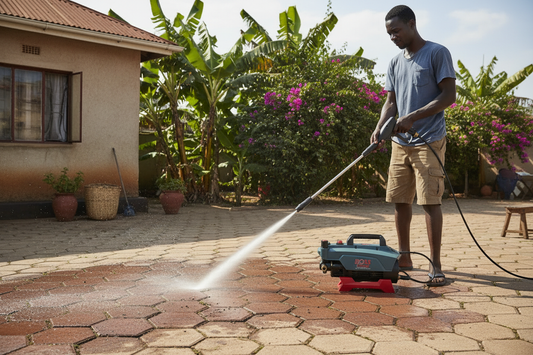 African man cleaning pavement blocks with BOSS pressure washer
