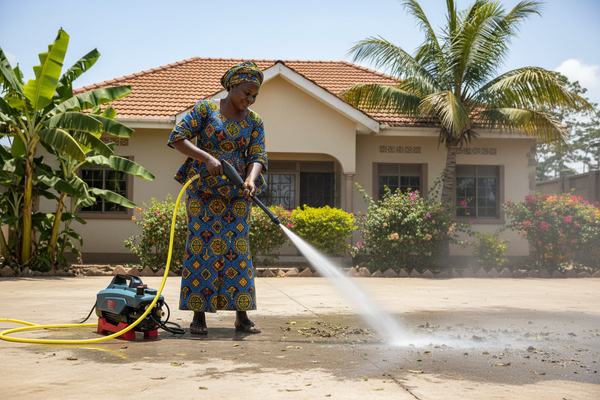 African woman cleaning front yard with BOSS pressure washer