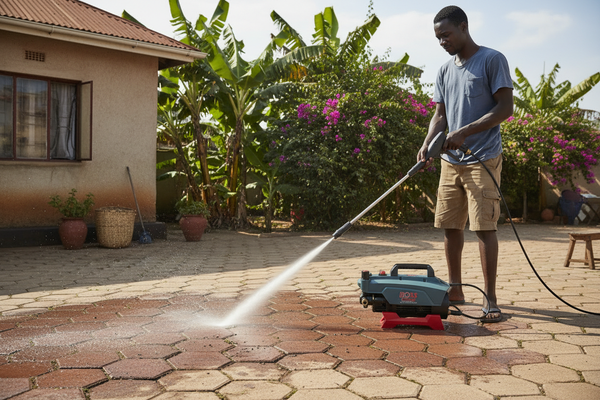 African man cleaning pavement blocks with BOSS pressure washer